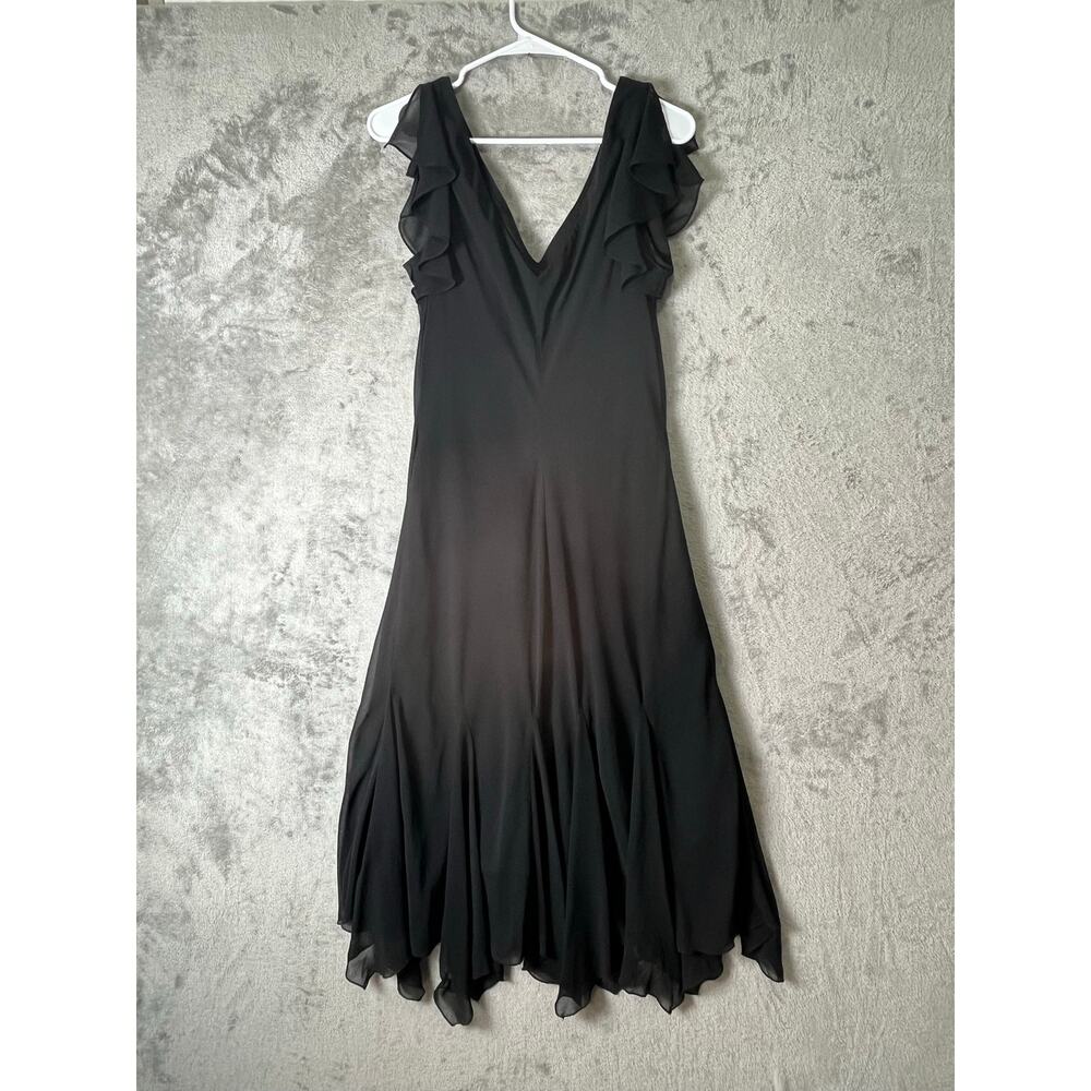 Vintage y2k Black Chiffon Handkerchief Hem Dress Floral Beaded Embroidered Med - Picture 4 of 7